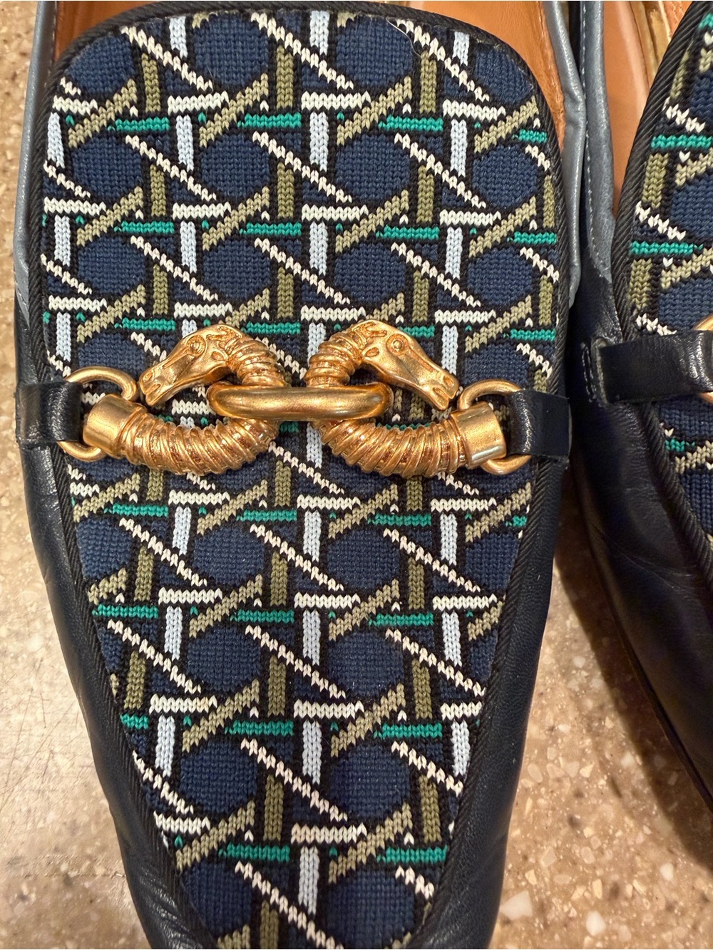 Tory Burch Navy Patterned Leather Slip-On Loafers with Gold Horsebit - Picture 6 of 10